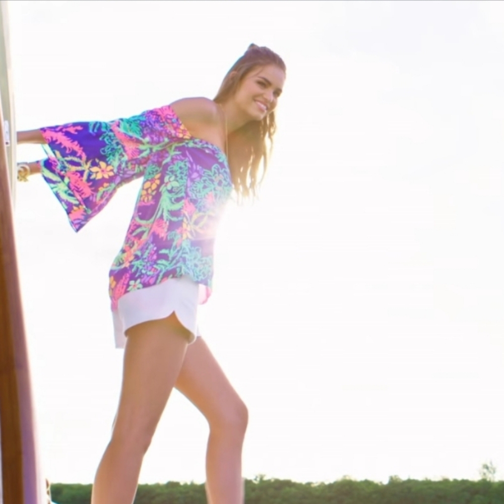 Lilly Pulitzer Sanilla Silk Off The Shoulder "Indigo All A Glow" Print Size S - Picture 10 of 13